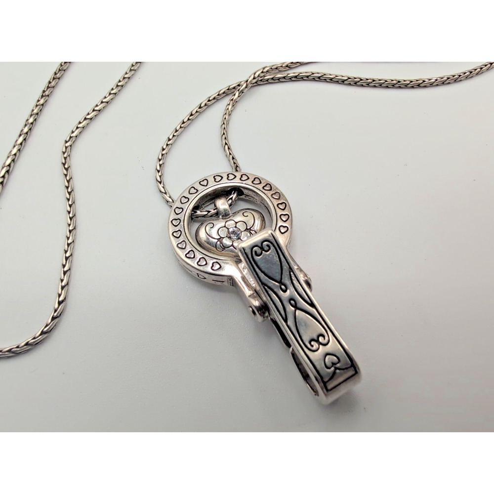 BRIGHTON Heart & Crystal Badge Clip Lanyard Necklace Silver J43380